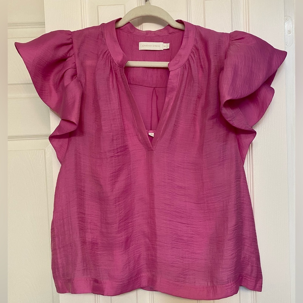 Jonathan Simkhai Ayme Pink Organdy Ruffle Sleeve Top Sz M bridal shower spring